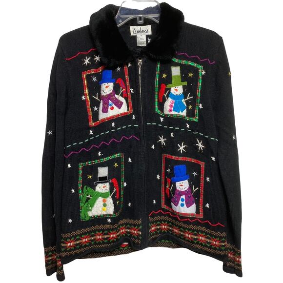 Ambra Christmas Snowman Full Zip Cardigan Faux Fur Collar Sz M (2579) - Picture 1 of 8